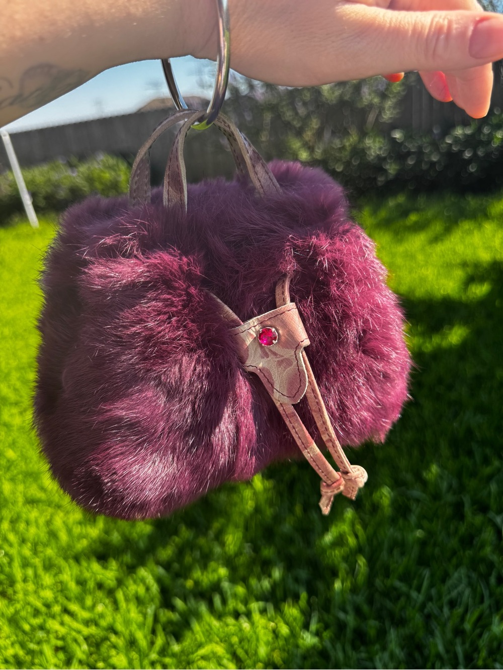 Caterina Lucchi Fur Mini Handbag Made In Italy Burgundy Ring Handle Y2K - Picture 2 of 15